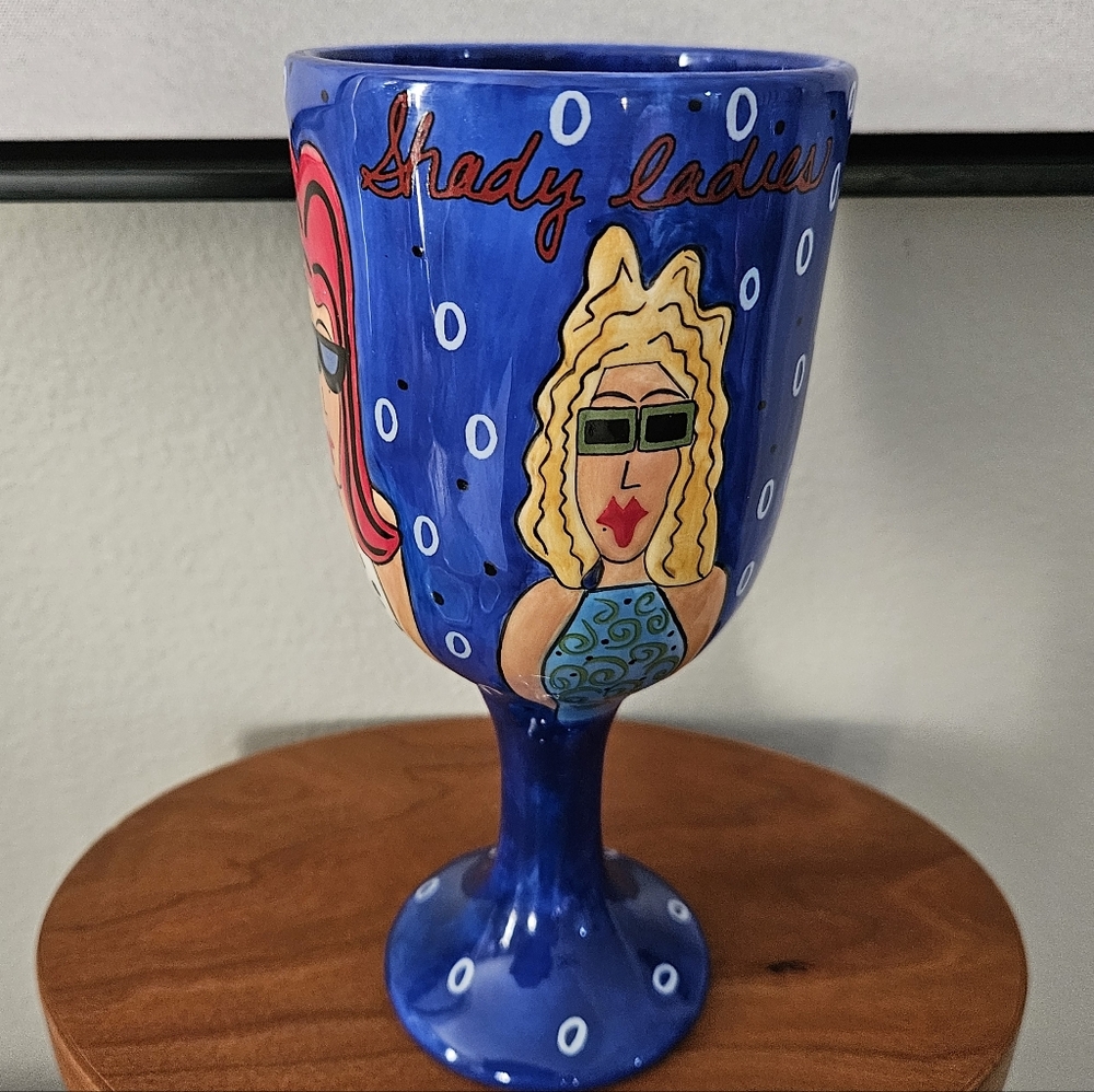 RARE~Vintage, Jules Burt. Ceramic, Hand-Painted,  Shady Ladies Blue Goblet!